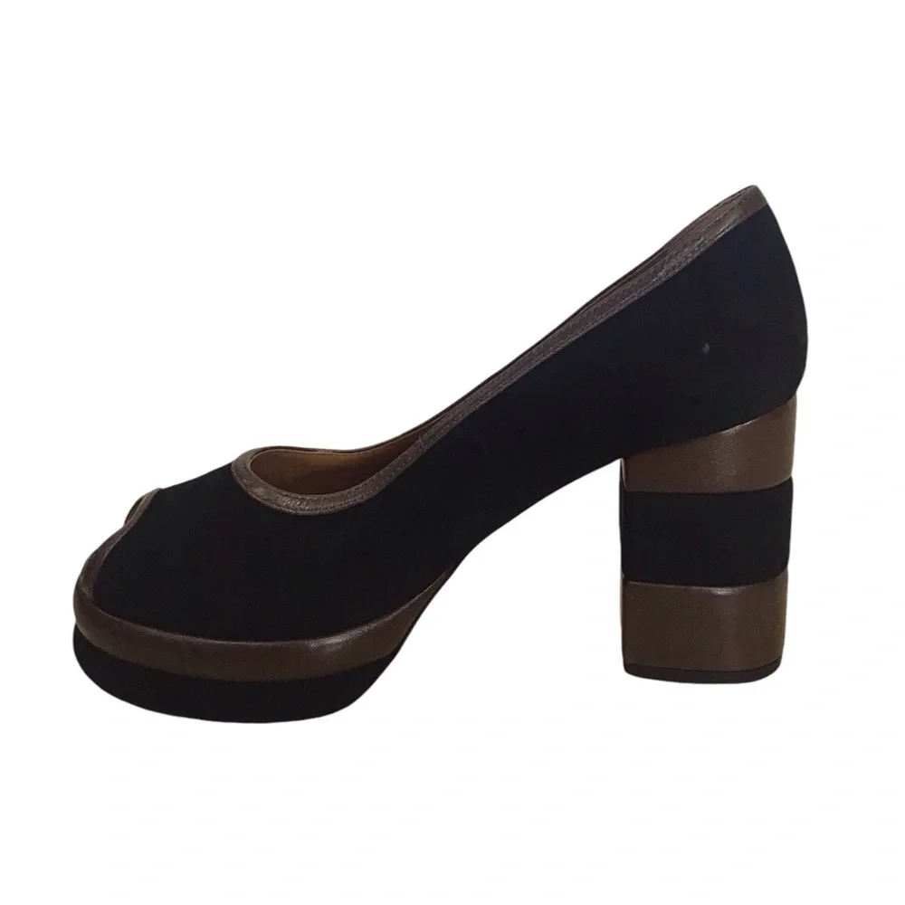 Tory Burch 70s Peep-Toe Leather & Suede Platform Pumps Women’s Size 8.5